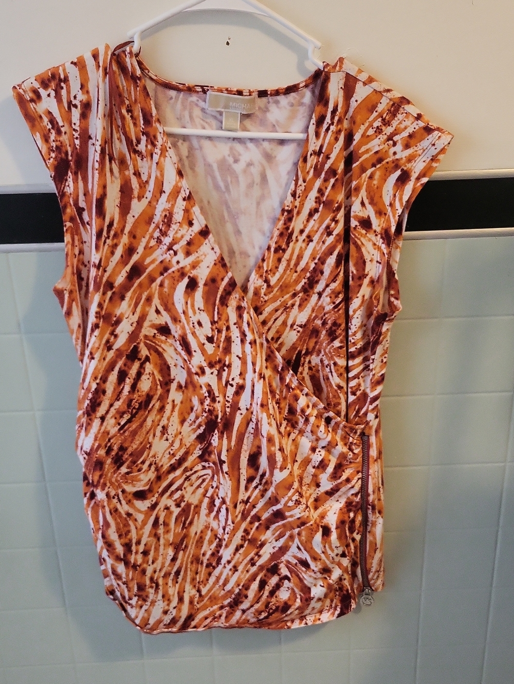 Michael Kors MK Rust & White Swirl Faux-Wrap Cap Sleeve Top Sz XL
